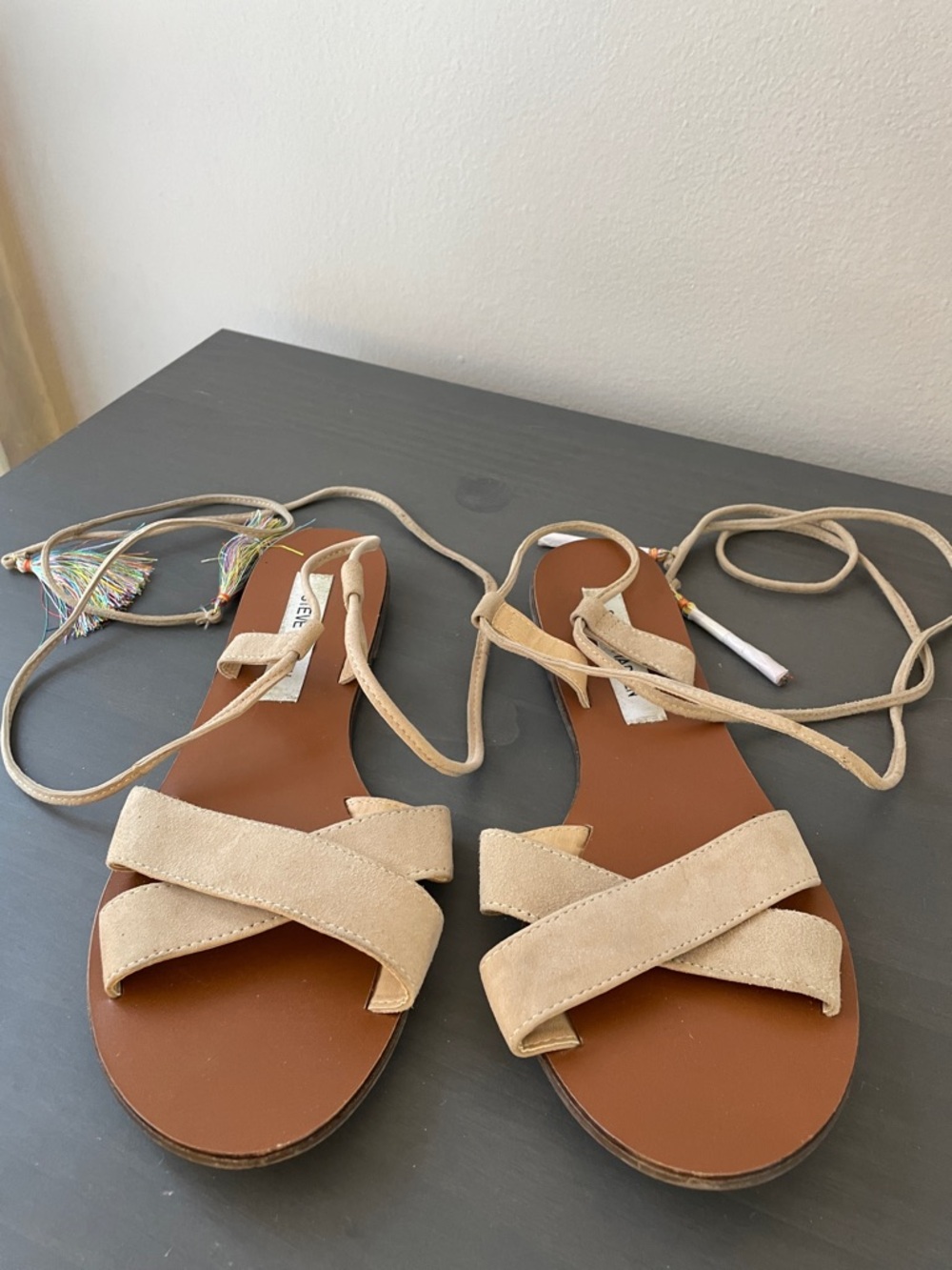 Steve Madden Dylan Beige Suede Lace-Up Flat Sandals
